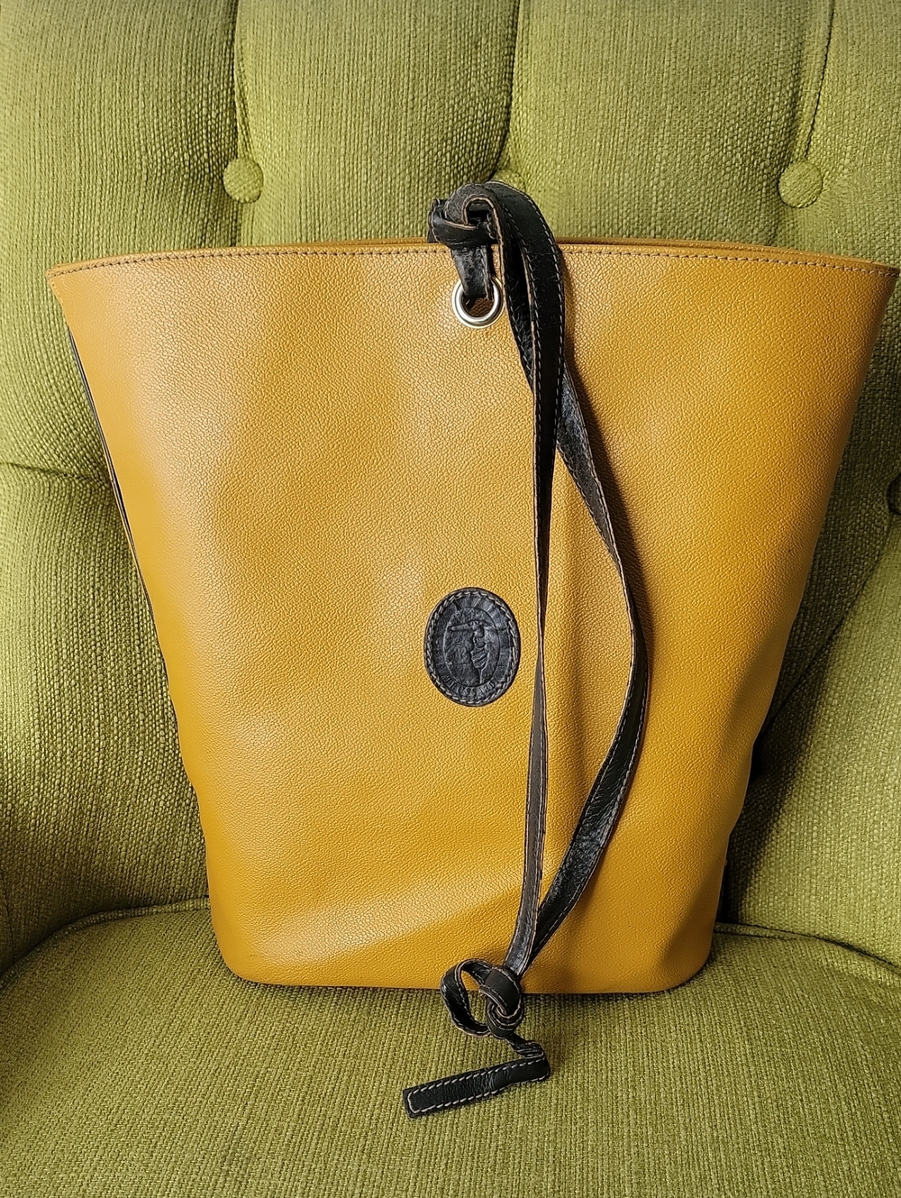 TRUSSADI Mustard Yellow Leather Bucket Tote Bag with Strap